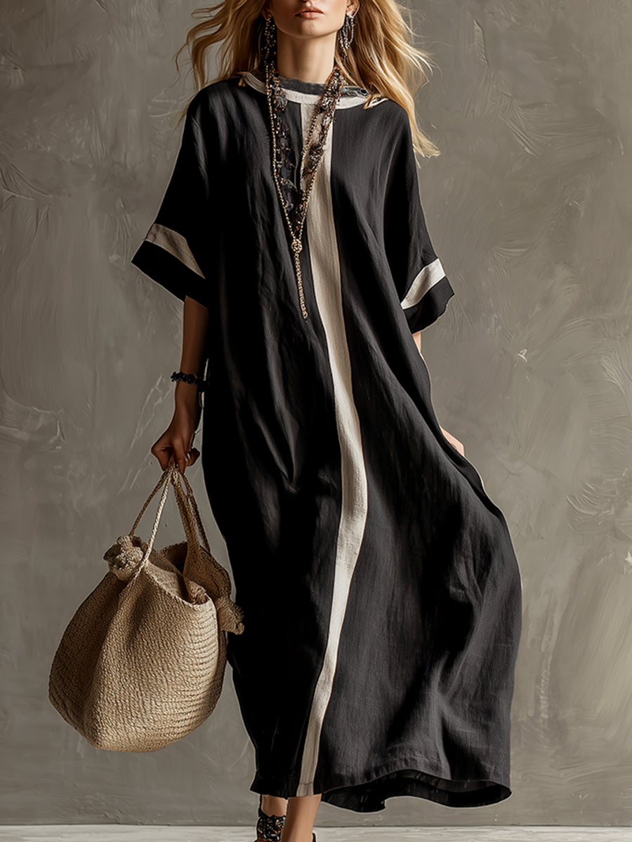 white christmas dresses Stylish Urban Patchwork Black Cotton And Linen Short-sleeved Maxi Dres –  TRIKO