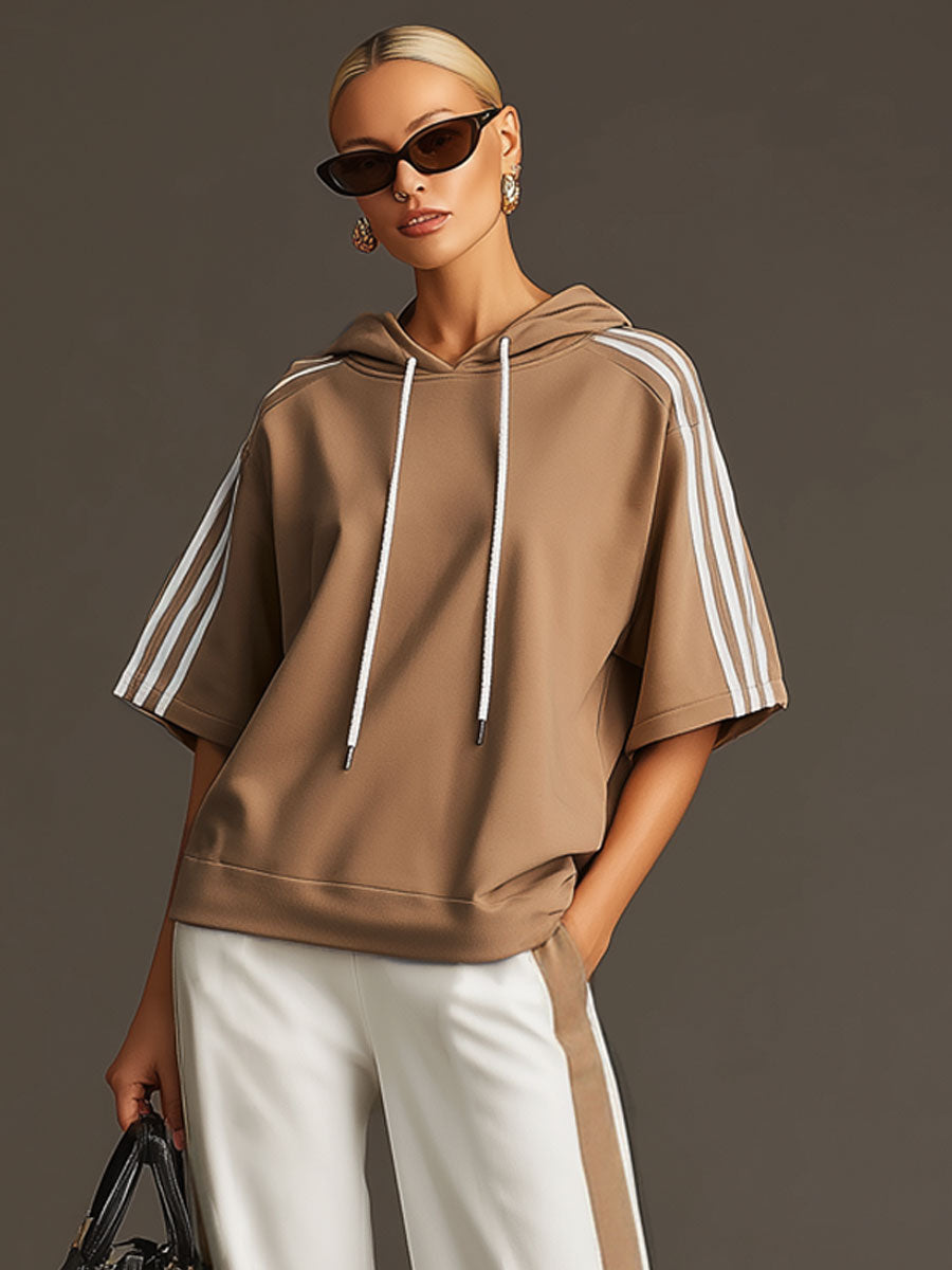 Casual Sporty Retro Camel Short-Sleeve Hooded Sweatshirt And Wide-Leg Pants Set
