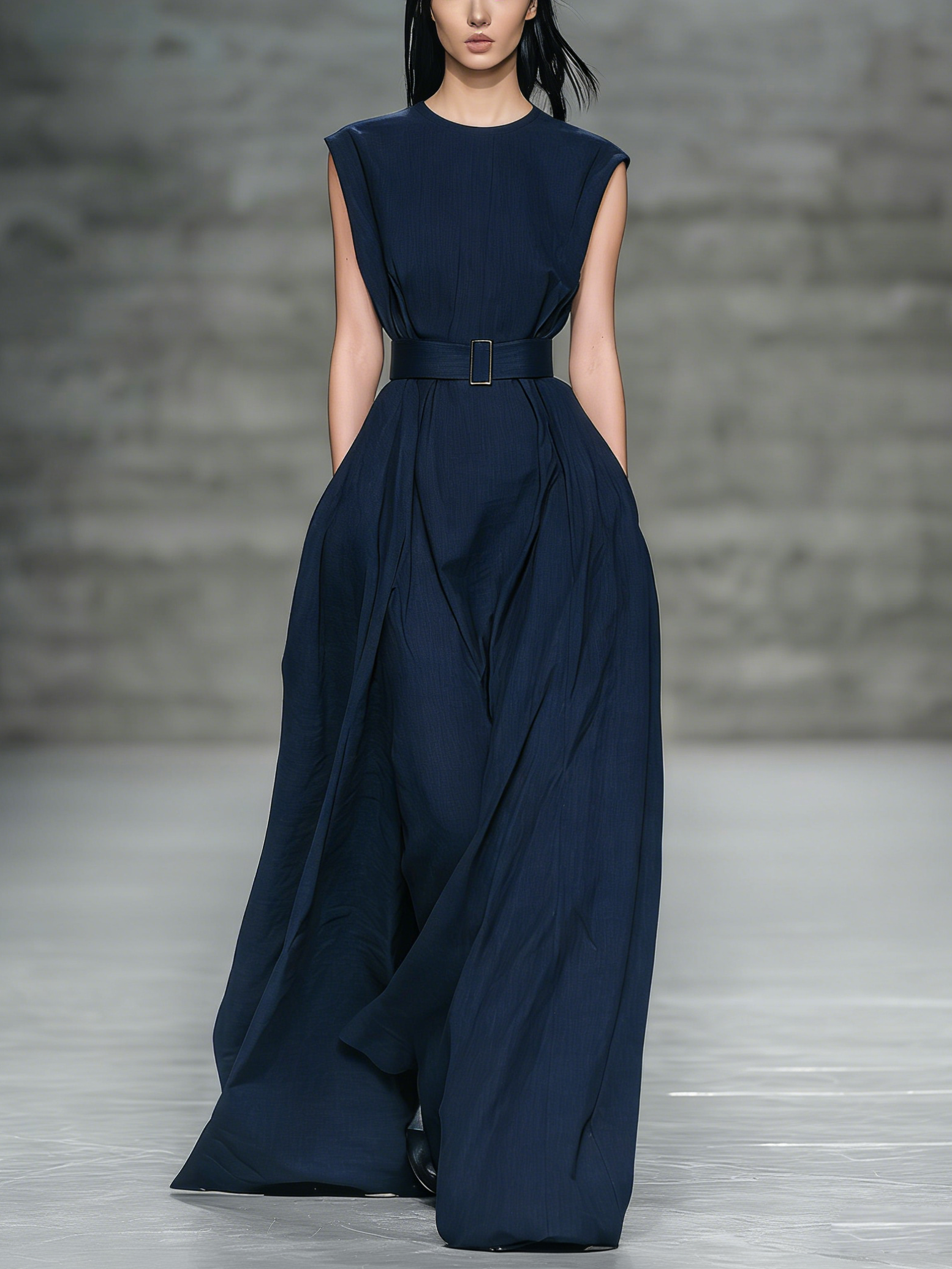 Women's Stylish Dark Blue Denim-look Fabric Round Neck Sleeveless Maxi Dress With Belt MDZ0626A2AN