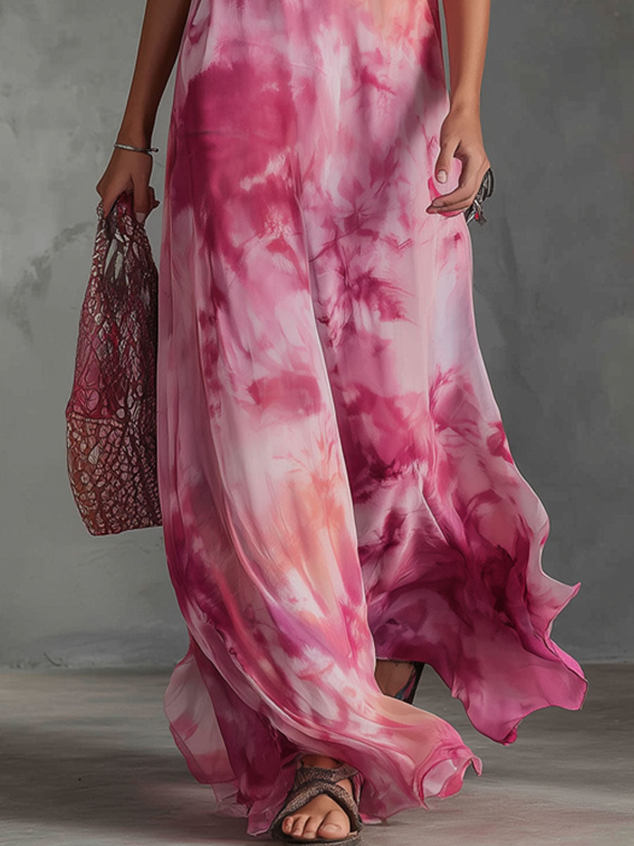 Halter-neck Tie-dye Print Chiffon Sleeveless Maxi Dress