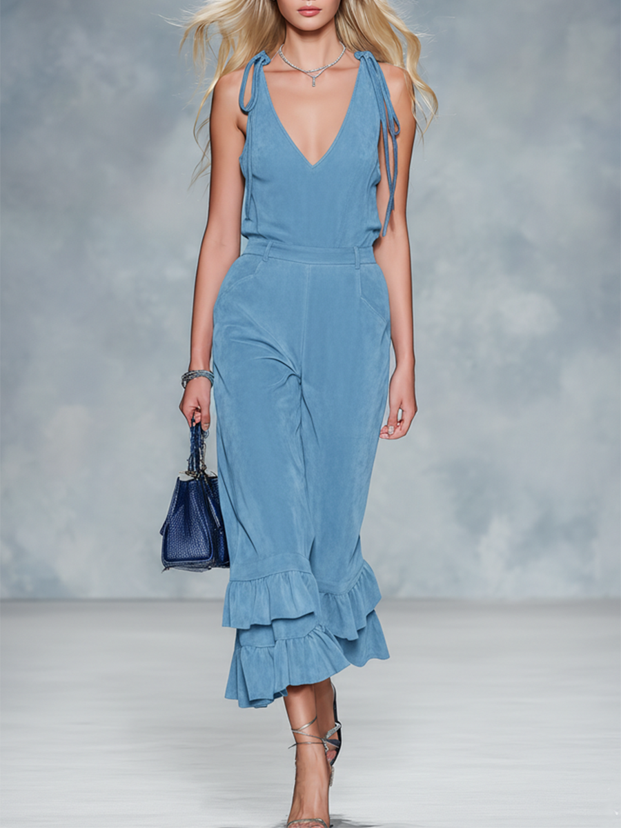 Retro-style Sleeveless V-neck Ruffled Faux Suede Jumpsuit