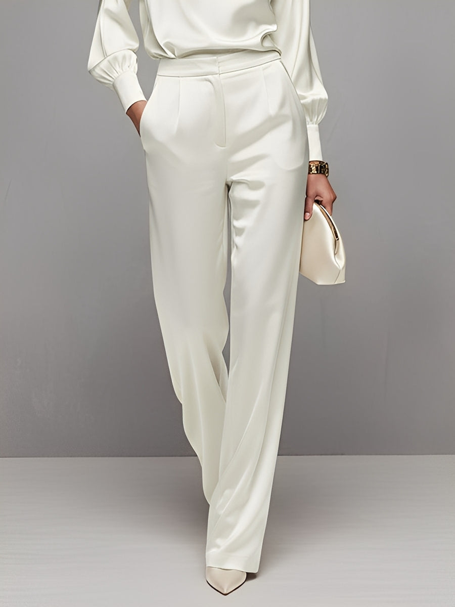 Women's Ivory Satin Set With Boat Neck Top & Puff Sleeves, Timeless Luxe-Elegant Style Set MDZ1209A0I