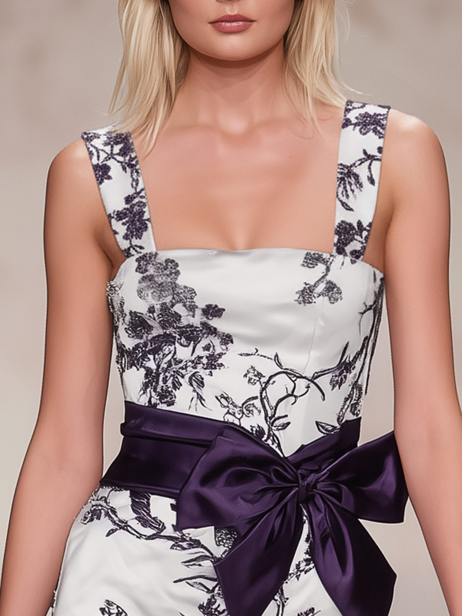 Elegant Retro Square Neck Sleeveless Printed Satin Maxi Dress