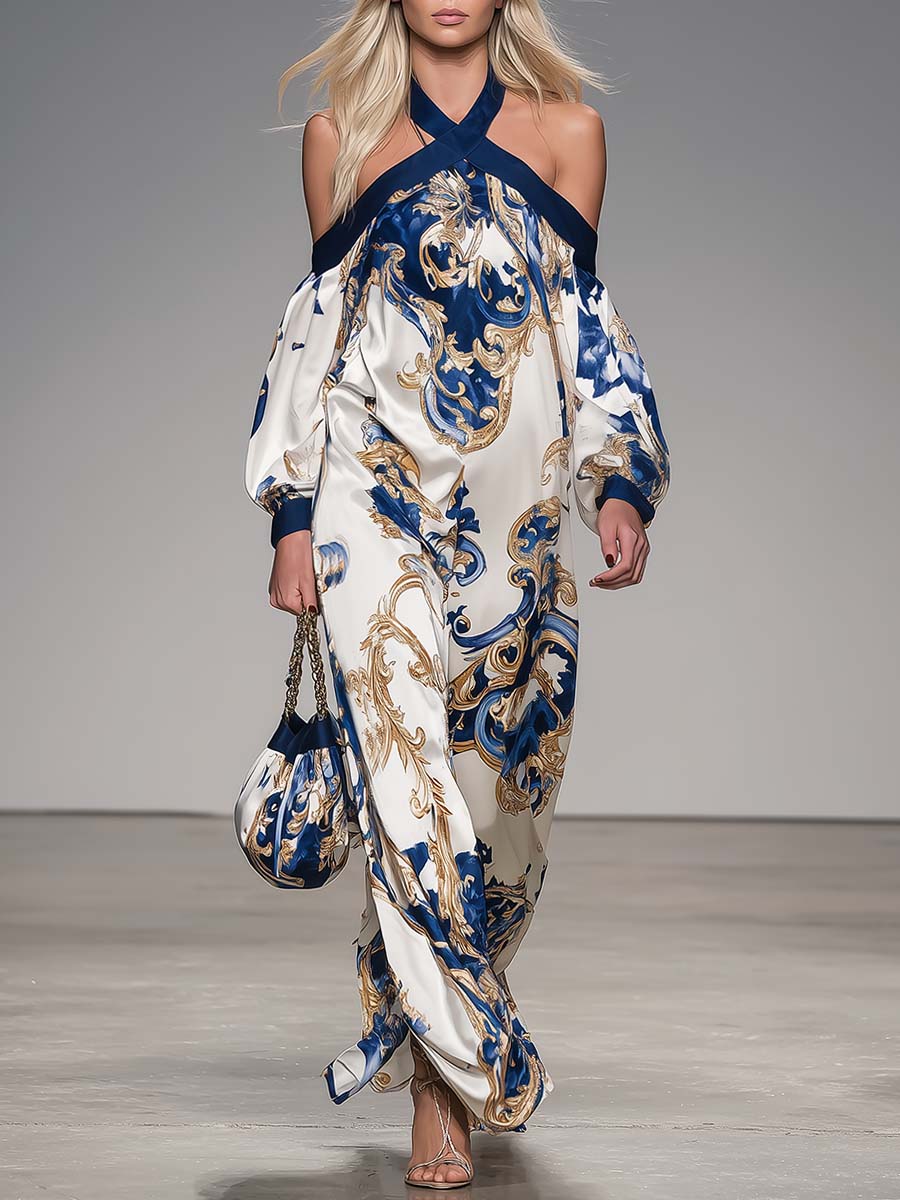 Elegant Retro Flowing Off-shoulder Strappy Baroque-style Printed Pearl White Satin Maxi Dress