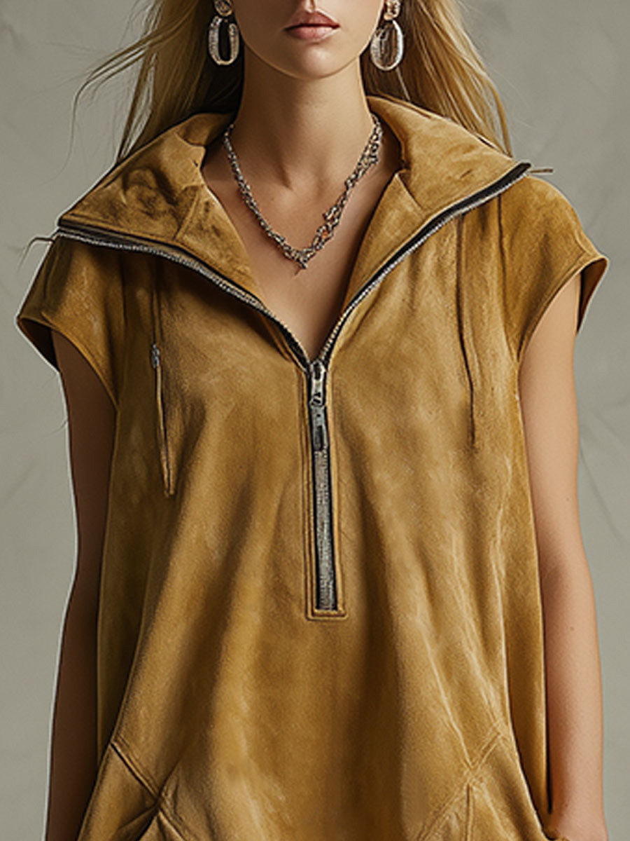 Western Retro Tassel Casual Khaki Brown Lapel Half-zip Faux Suede Mini Dress