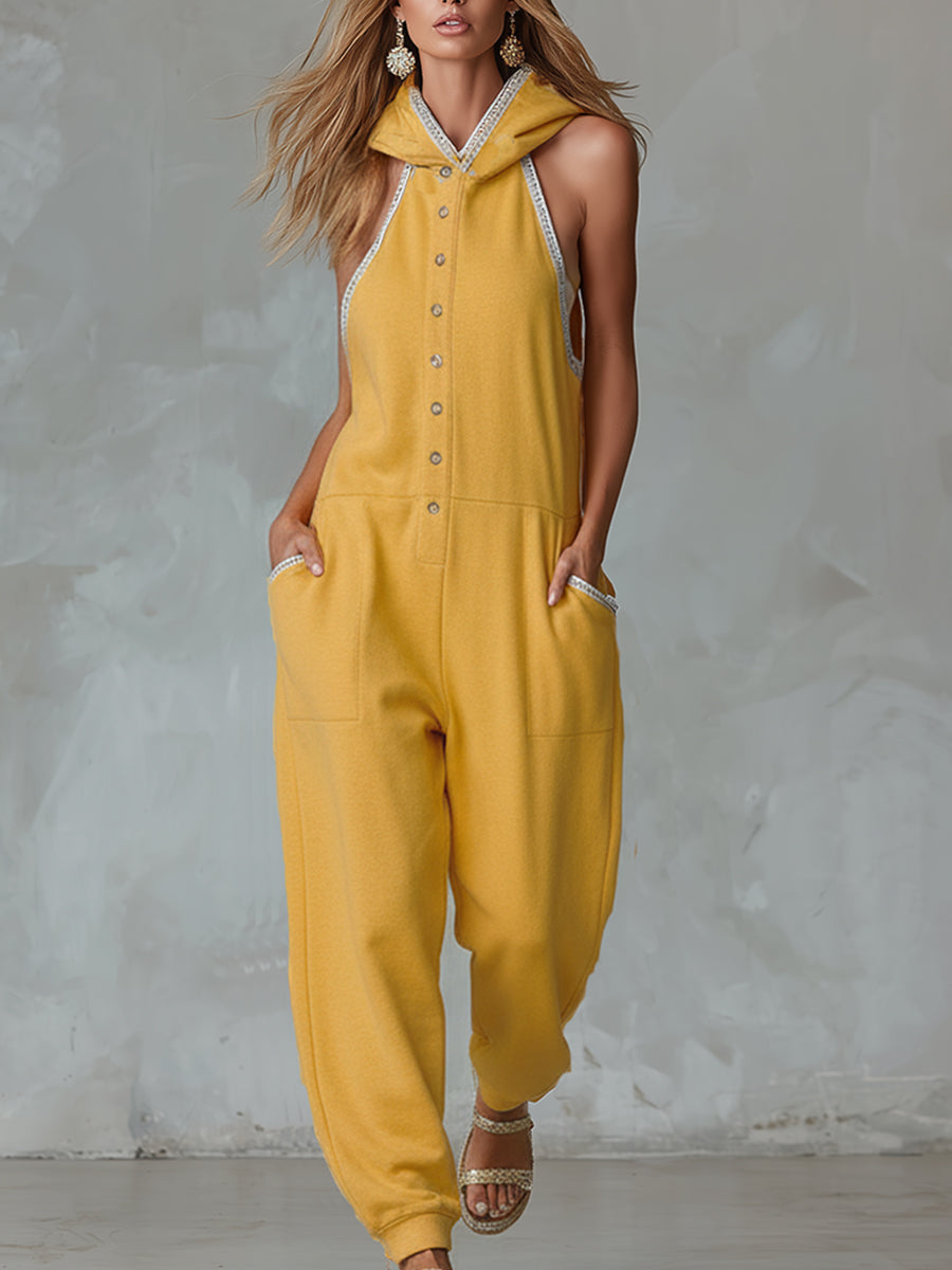 Stylish And Sporty Lace-trimmed Yellow Hooded Cotton Sleeveless Jumpsuit