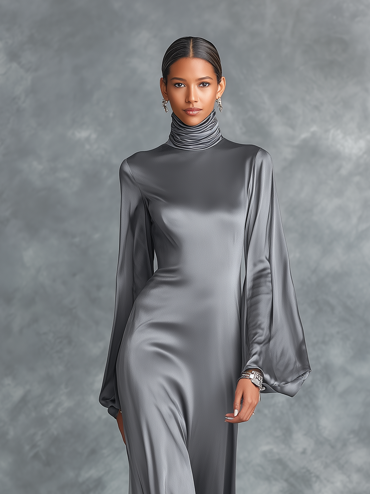 Women's Fashionable Grey Satin High-neck Long-sleeved Loose-fitting Maxi Dress MDZ0690A0AN