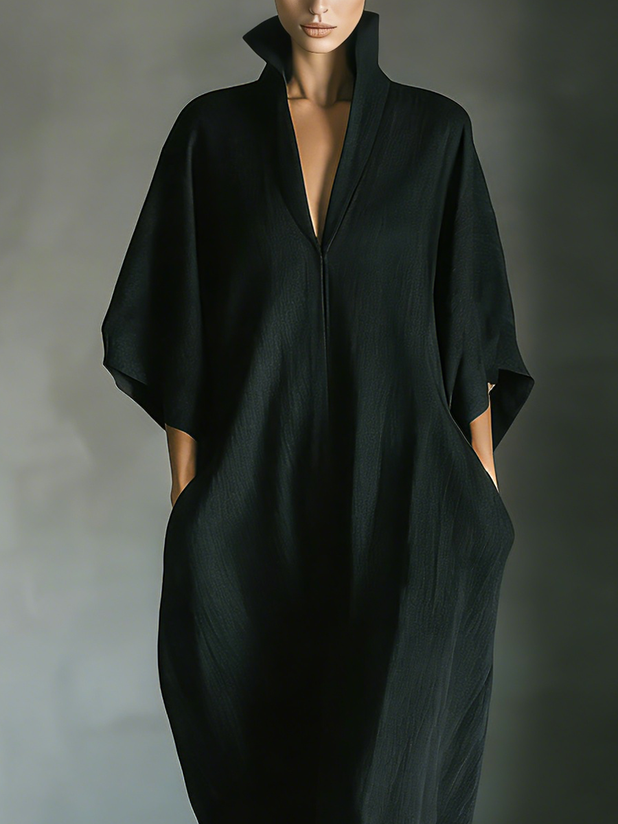 Women's Black Cotton Blend Fabric Oversized Kimono-Sleeve Maxi Dress With Pockets MDZ0577A3T