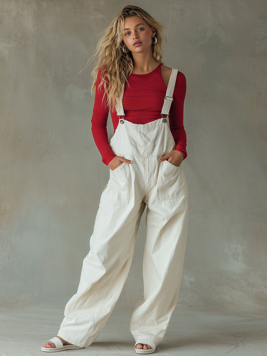 Fashionable Western Retro Overalls Off-White Jumpsuit