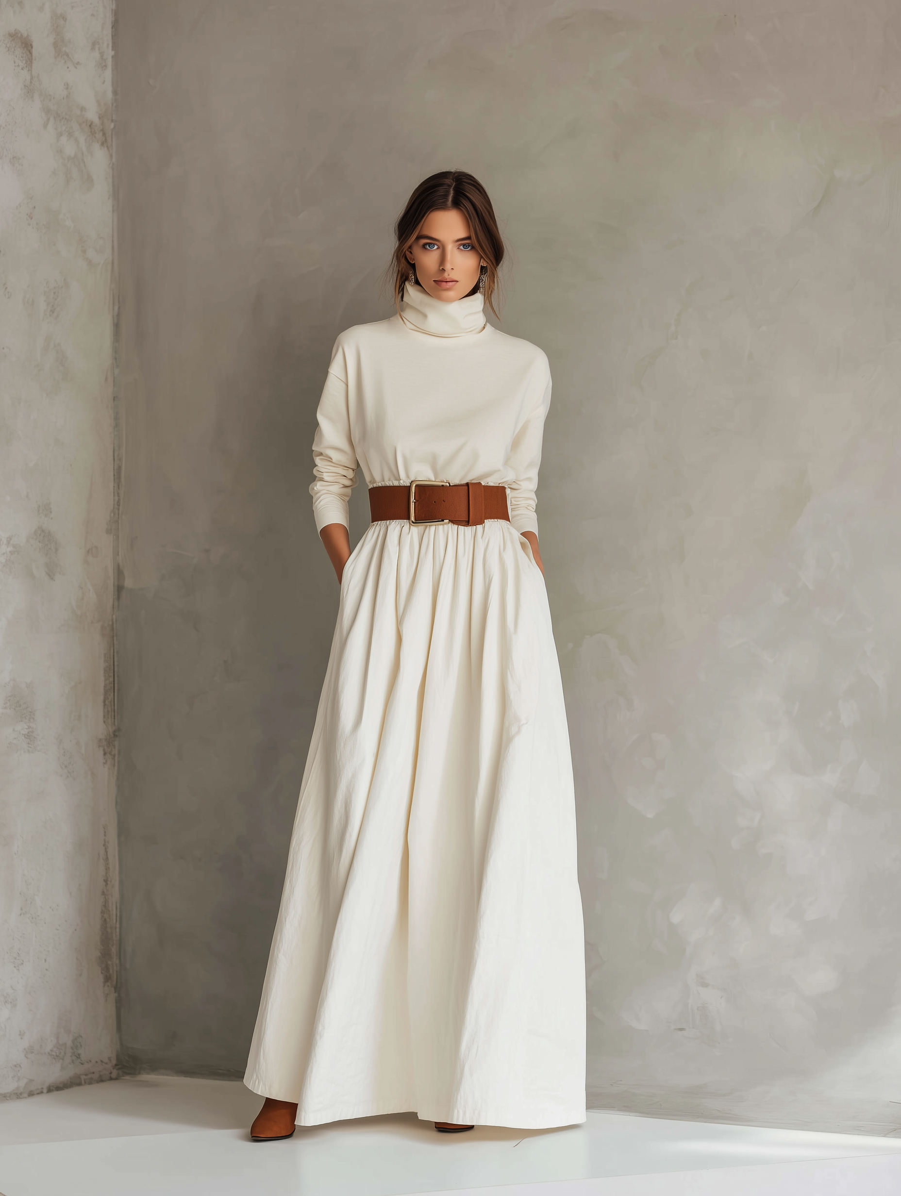 Women's Elegant White Stretch Turtleneck Long-sleeved Top Paired With A Woven Midi Skirt (belt Not Included) MDZ0618A3AN