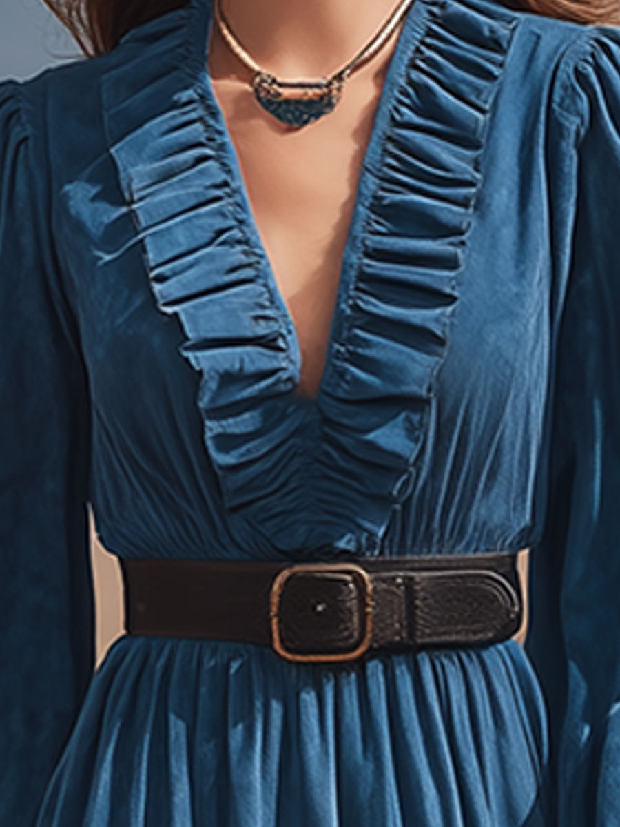 Western-style Vintage Blue Ruffled V-neck Faux Suede Midi Dress