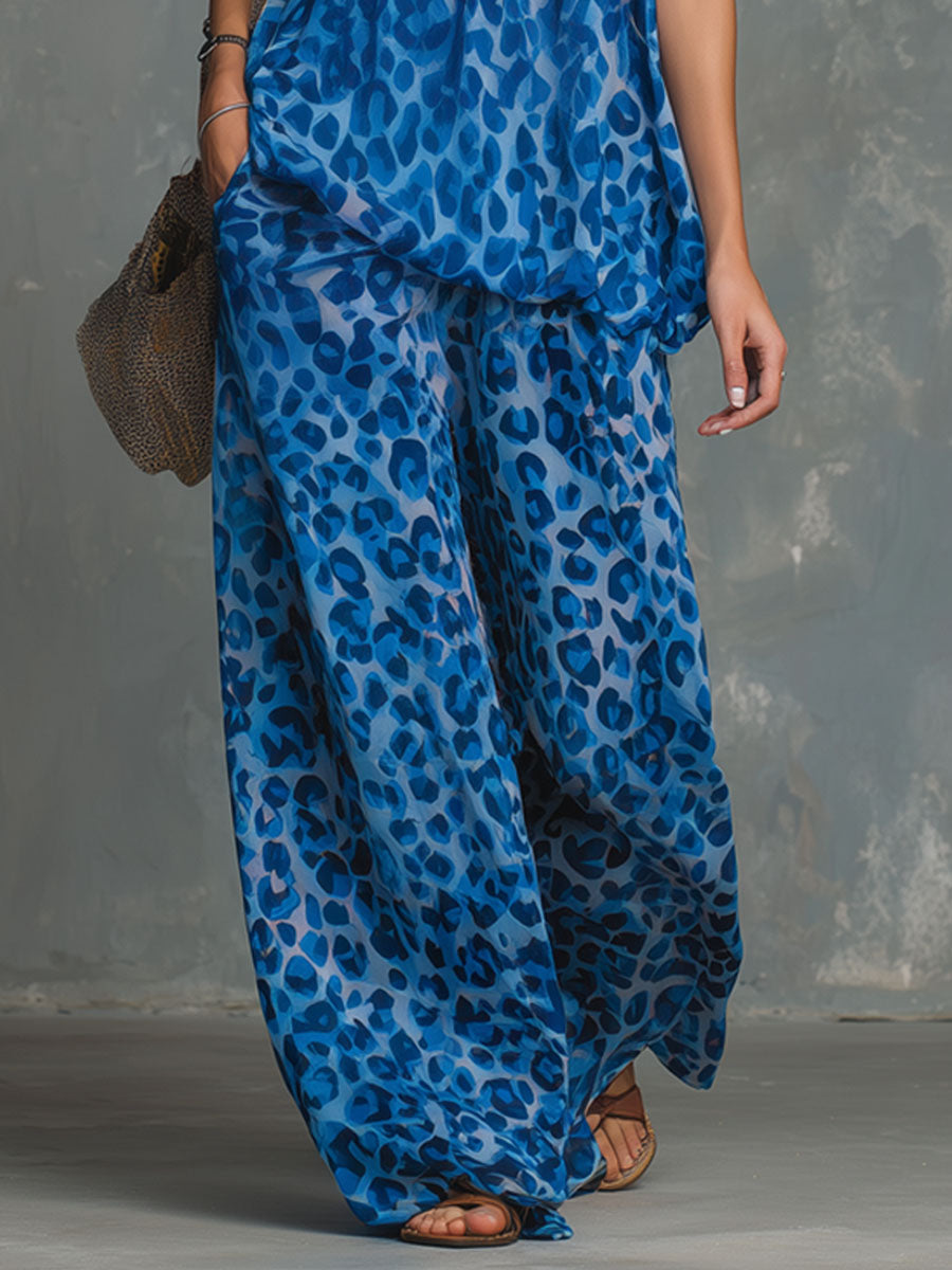 Loose-fitting Leopard Print Sleeveless Top And Trousers Chiffon Set