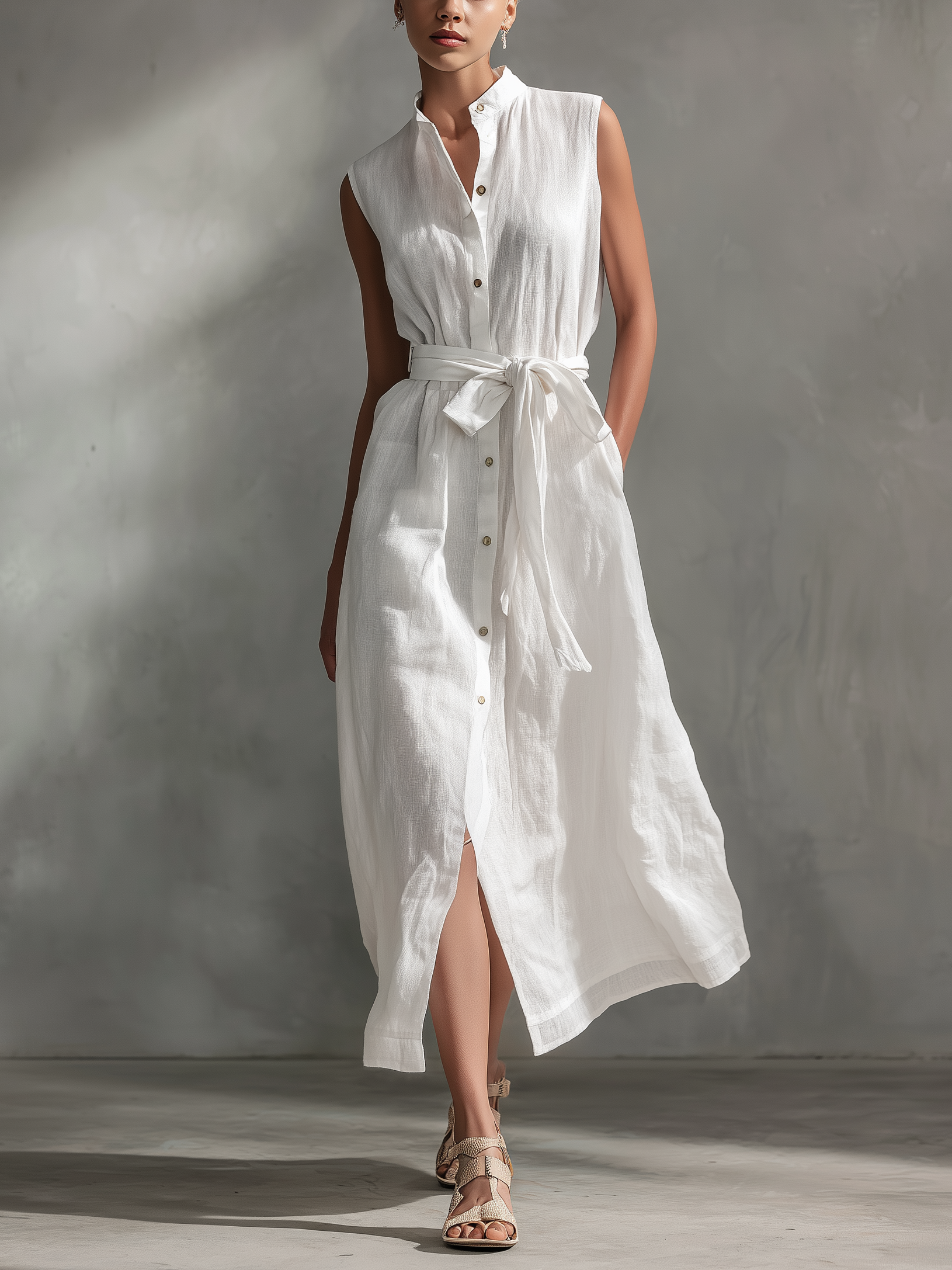 Women's Elegant White Cotton And Linen Blend Round Neck Sleeveless Maxi Dress MDA2920L9AN