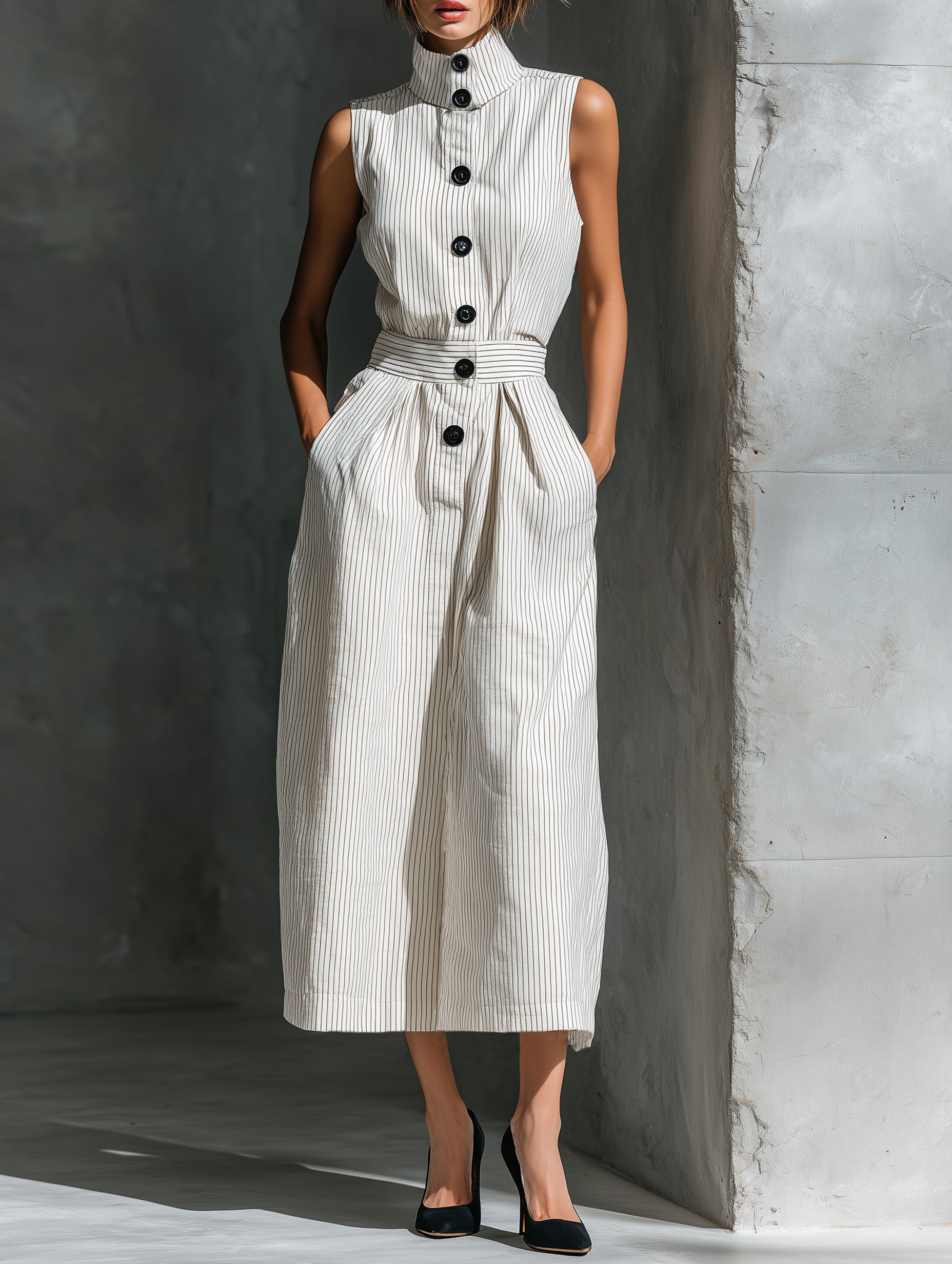 Women's Minimalist Striped Button-up Stand-collar Sleeveless Maxi Dress MDZ0531A6Y