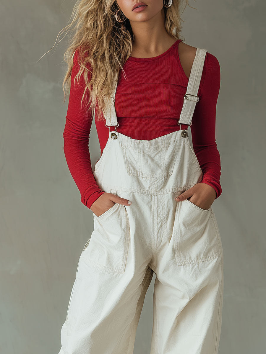 Fashionable Western Retro Overalls Off-White Jumpsuit