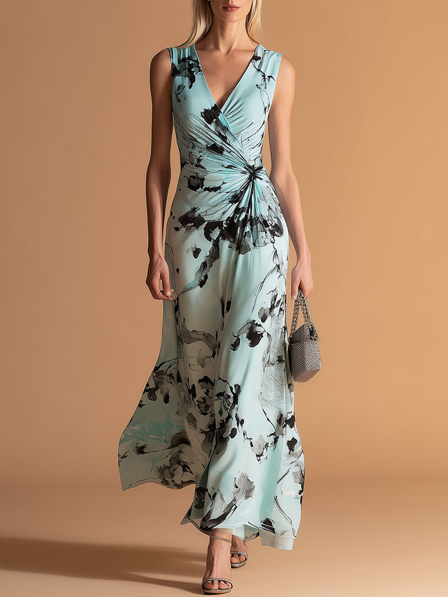 Elegant And Retro V-neck Black Floral Print Blue Satin Maxi Dress