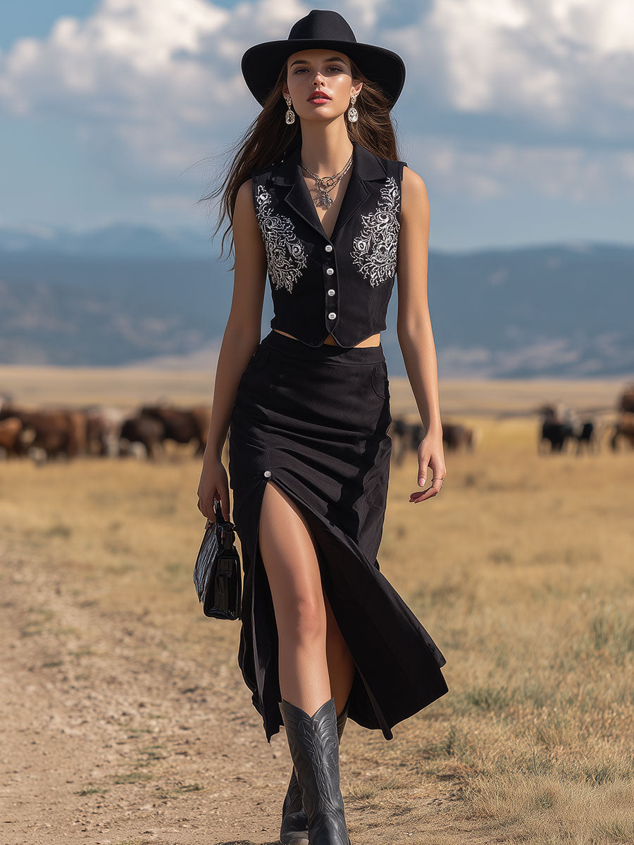 Western Retro Embroidered Black Vest And Skirt Set