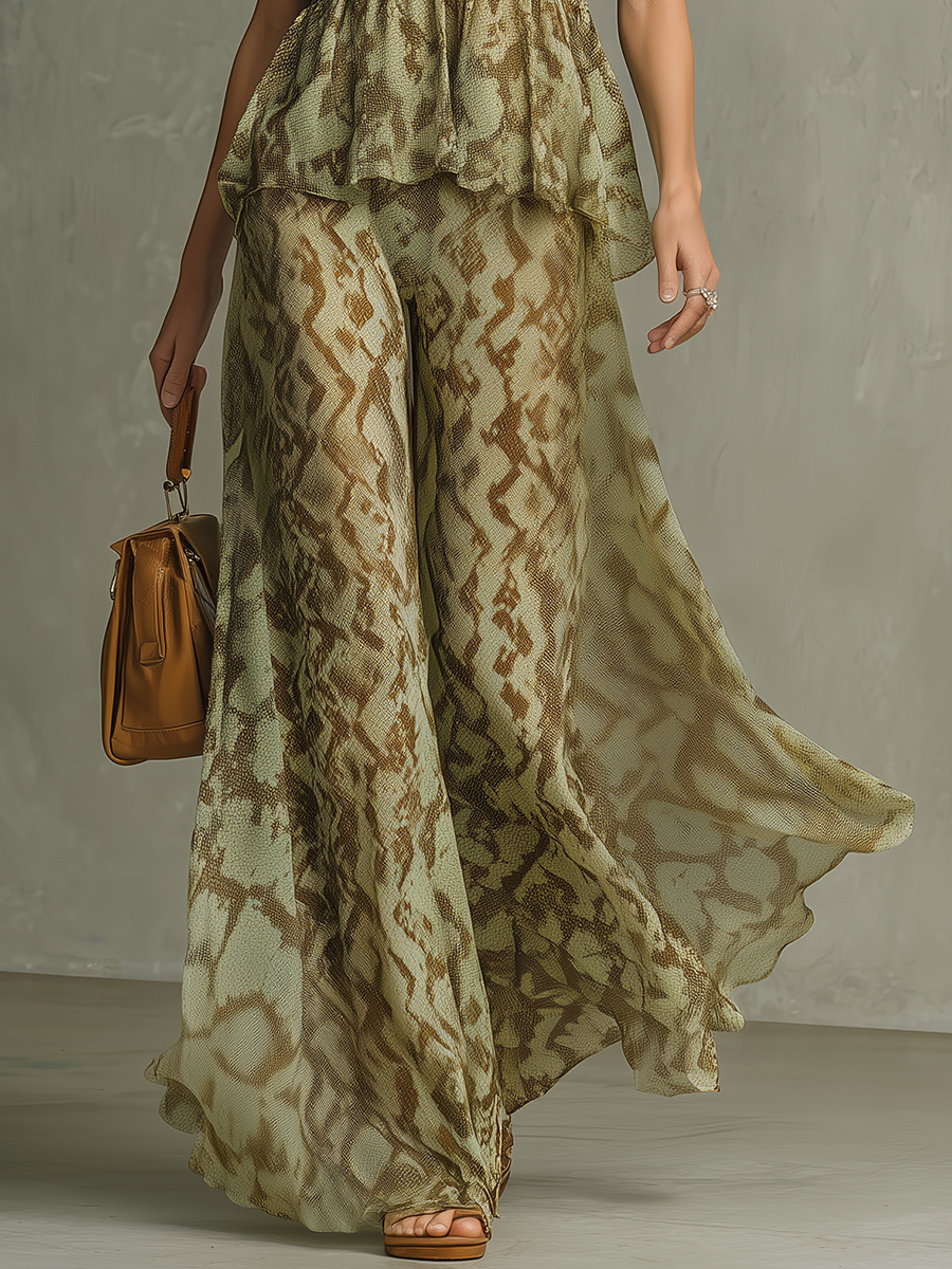 Retro Snake Print Chiffon Ruffled Tank Top And Wide-leg Pants Set