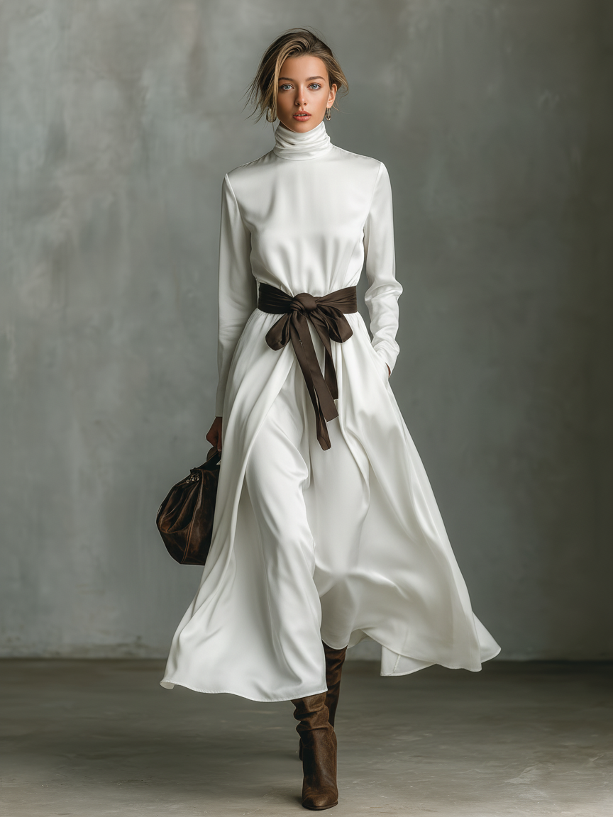 Women's Fashionable White Satin Turtleneck Long-sleeved Midi Dress With Belt MDA1977L7AN