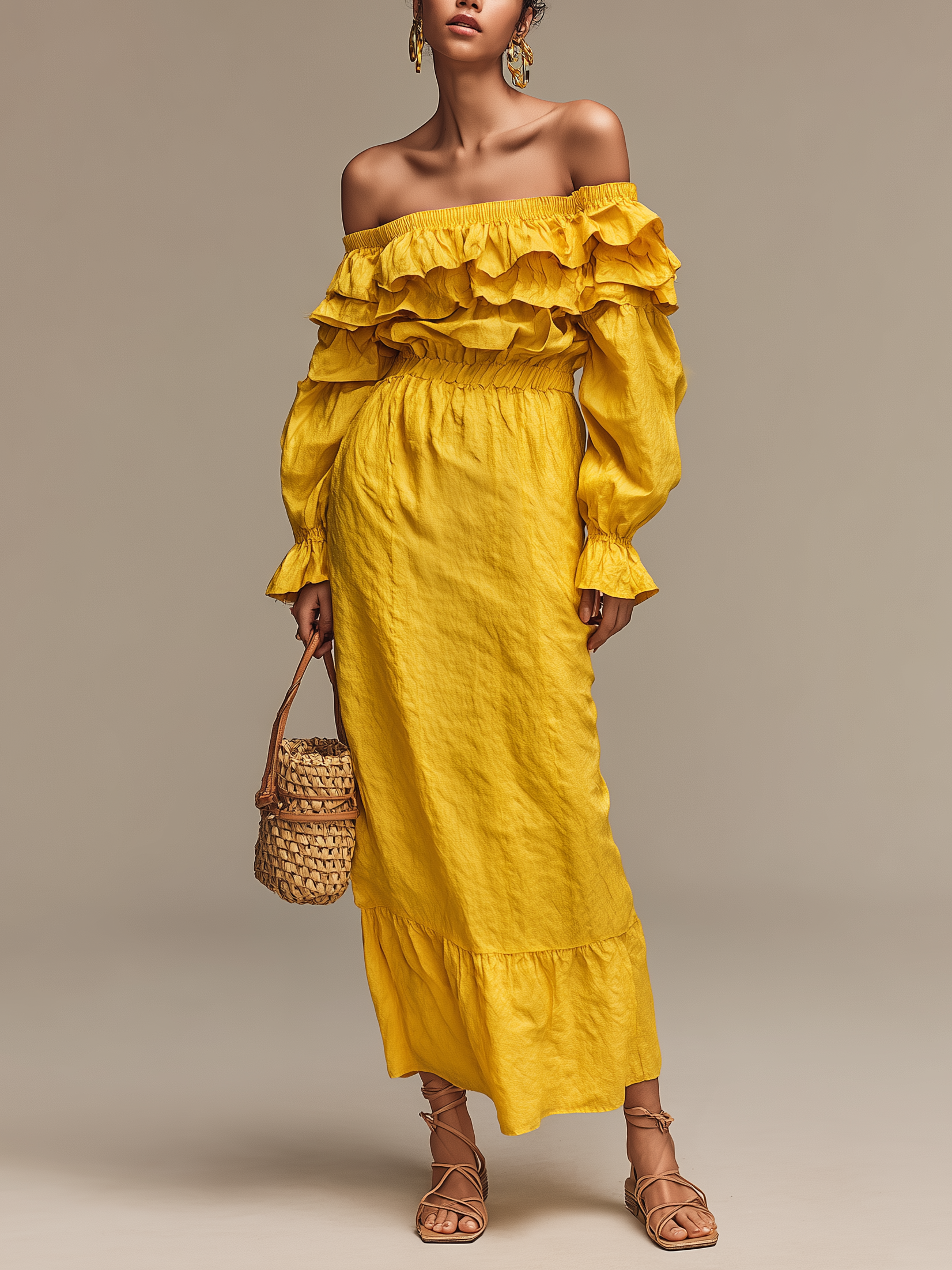 Women's Fashionable Yellow Elastic Off-Shoulder Woven Long-Sleeved Midi Dress MDA1575L5AN