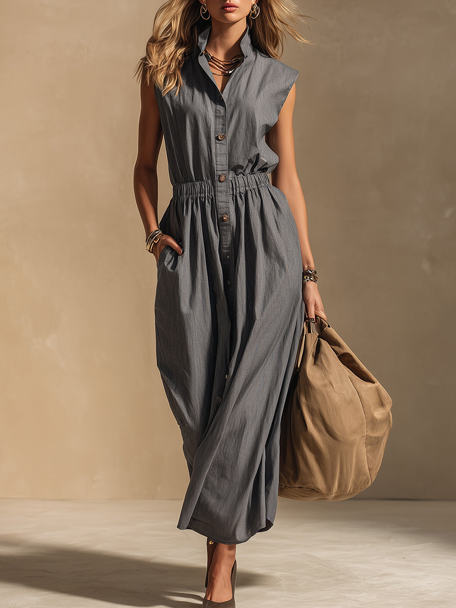 Vintage-style Sleeveless Stand-collar Pure Cotton Midi Dress