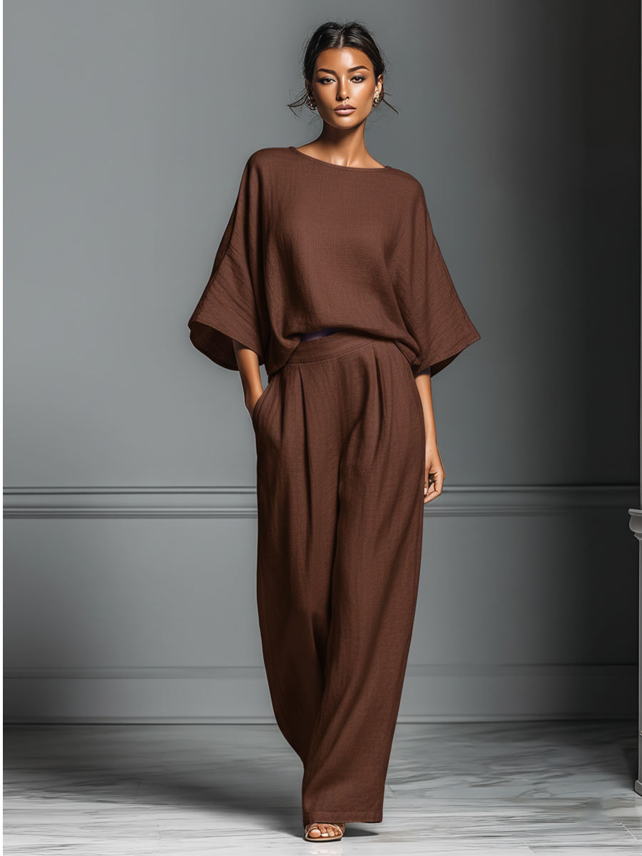 Women's Brown Cotton And Linen Blend Oversized Short-Sleeve Blouse & Wide-Leg Pants Set MDZ1319A4T