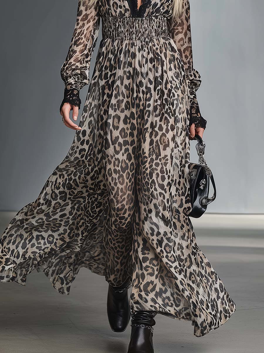 Elegant Vintage Flowing Lace V-neck Leopard Print Beige-gray Chiffon Maxi Dress