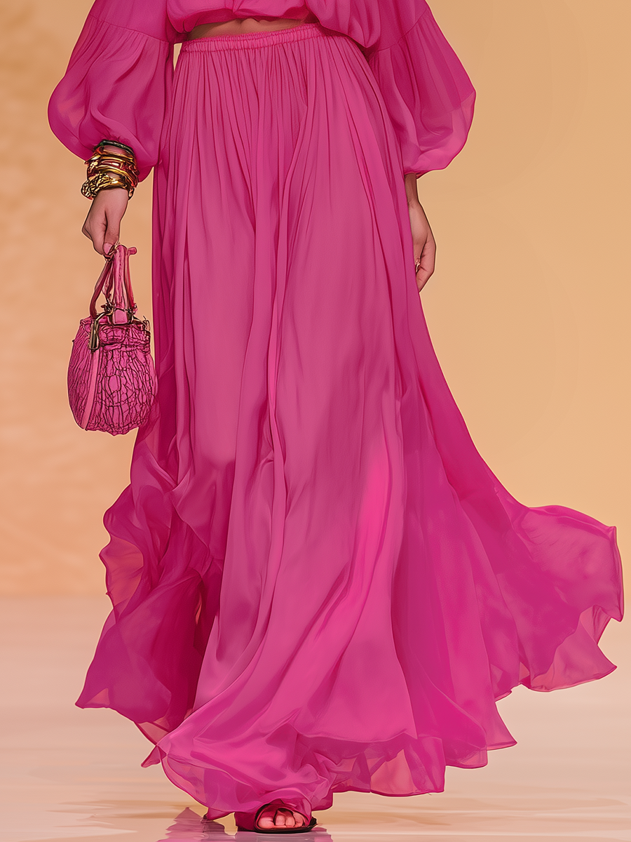 Elegant Vintage Off-the-shoulder Chiffon Top And Wide-leg Pants Set