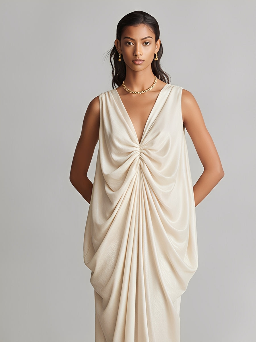 Women's Ivory Satin Dress With Deep V-Neck & Ruched Knot Detail, Timeless Luxe-Romantic Style Dress MDZ1545A6I