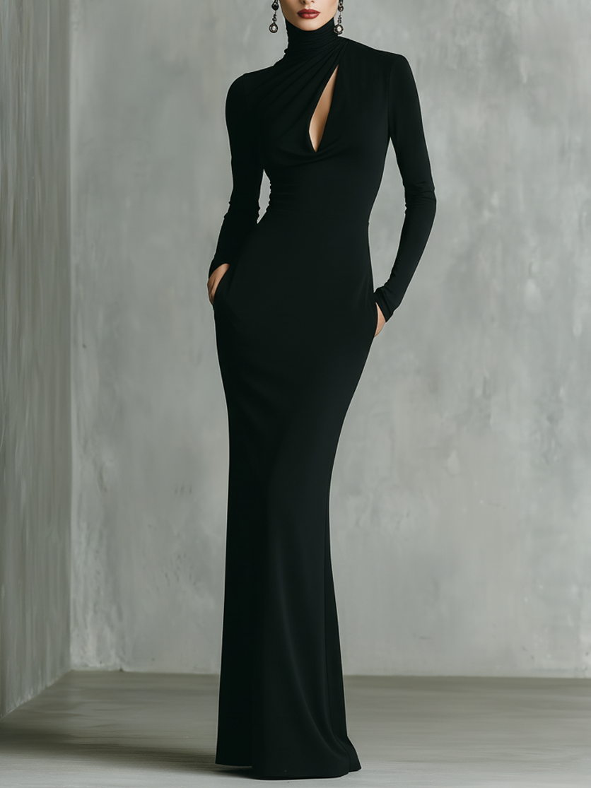 Women's Minimalist High-neck Long-sleeved Fitted Maxi Dress MDA2239K0Y
