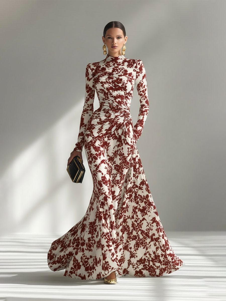 Women's Black And White Patterned Stretch Blend Wrap Dress MDA1295K1AP