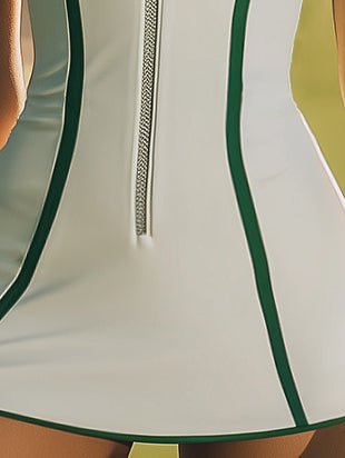 【24-hour shipping out】White And Green Contrast Sleeveless Zip-Up Sporty Chic Mini Dress