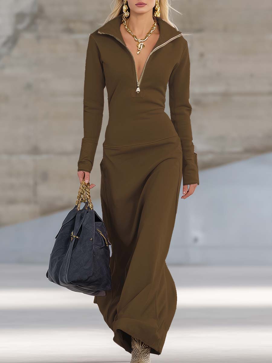 Elegant Retro Sporty V-neck Front Zipper Long-sleeved Pink Maxi Dress