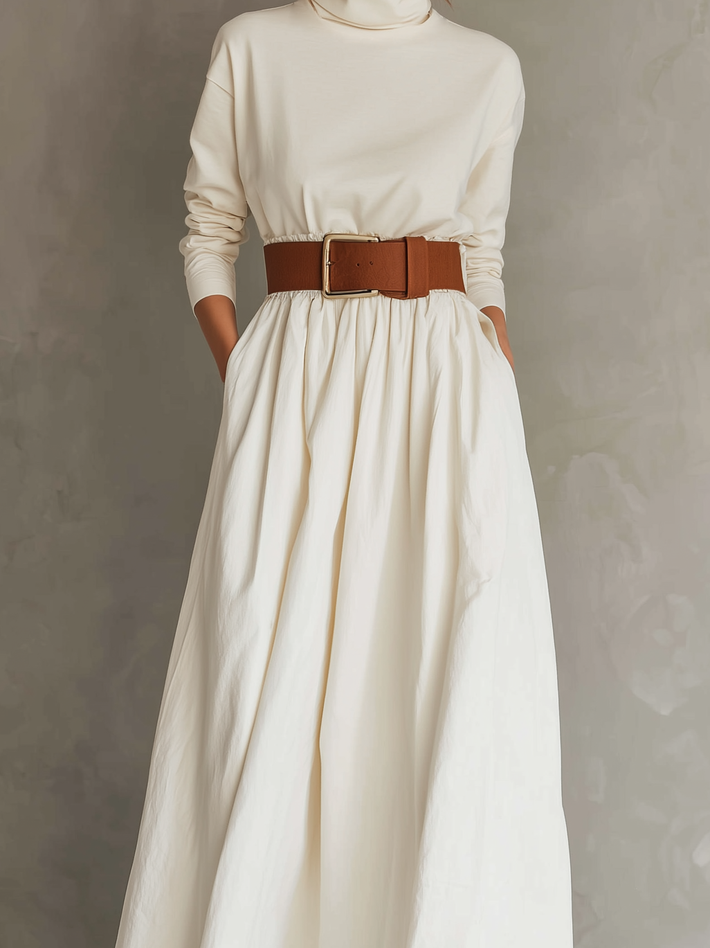 Women's Elegant White Stretch Turtleneck Long-sleeved Top Paired With A Woven Midi Skirt (belt Not Included) MDZ0618A3AN