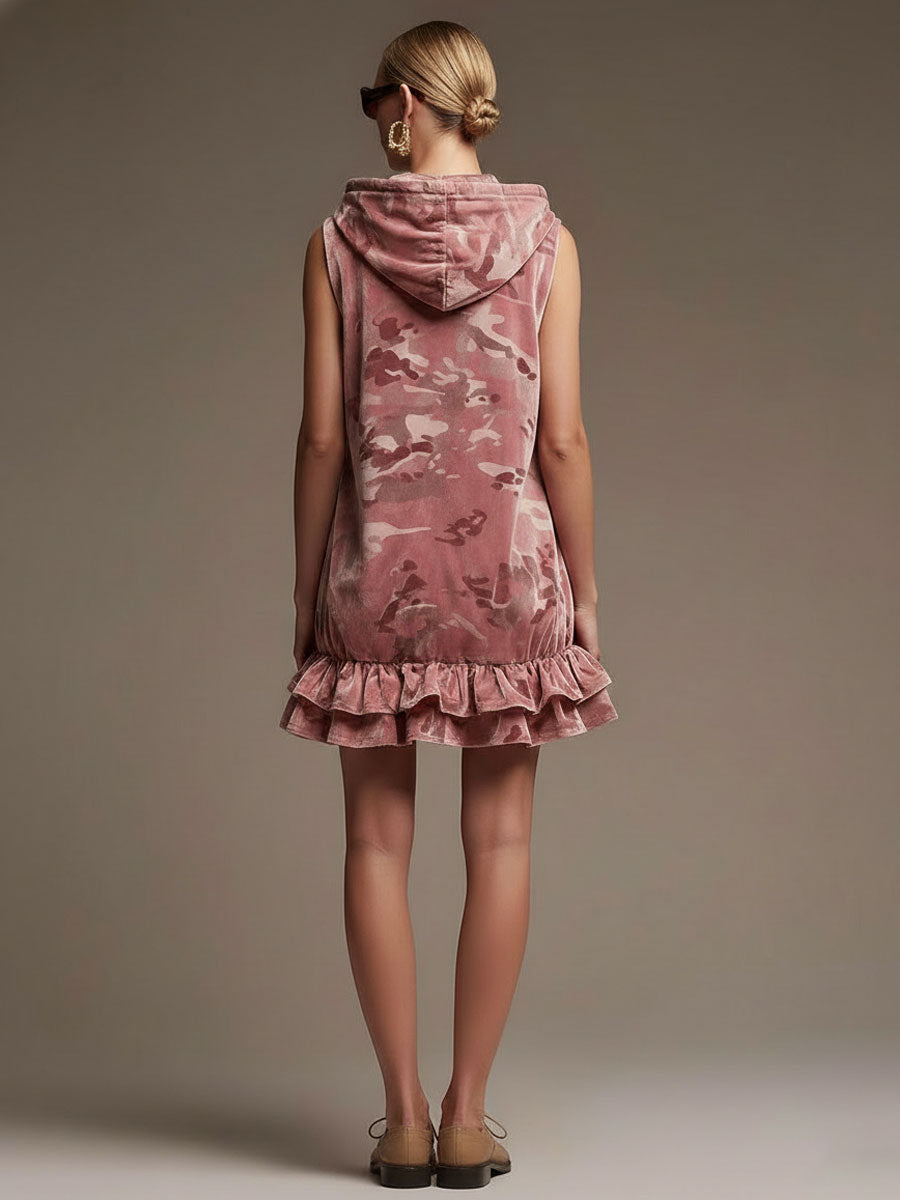 Western Retro Camouflage Pink Velvet Hooded Mini Dress