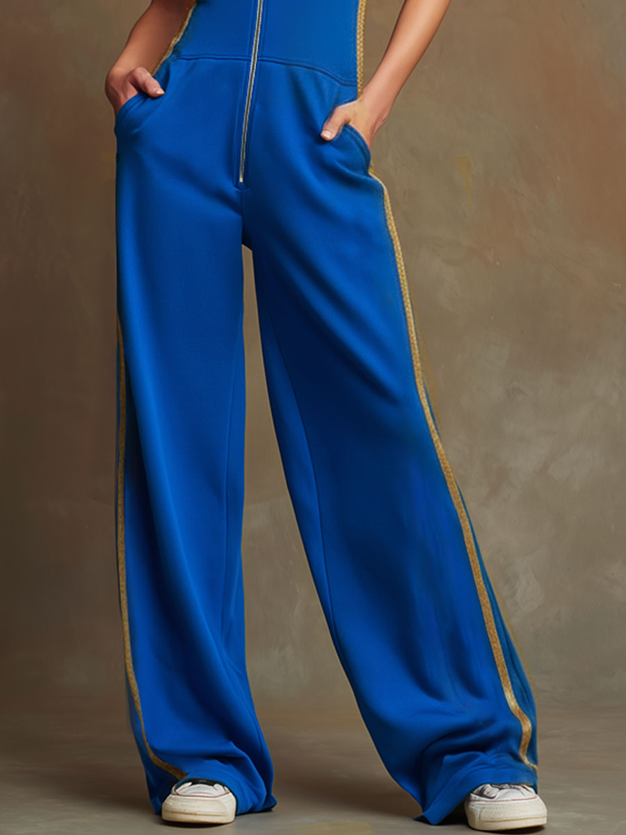 Casual Sporty Retro Gold-Trimmed Royal Blue Cotton Blend Sleeveless Jumpsuit