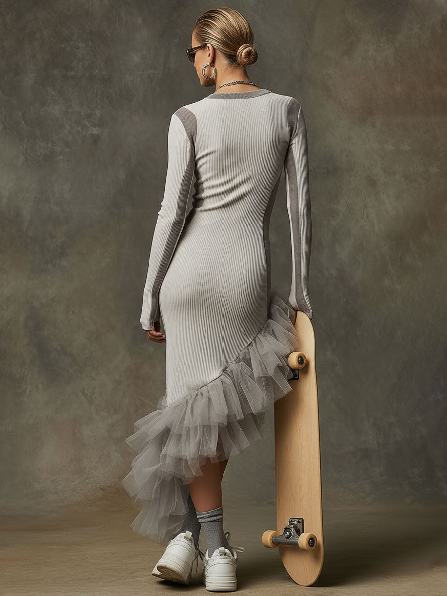Sporty Retro Light Gray Knit Ribbed Irregular Ruffle Maxi Dress