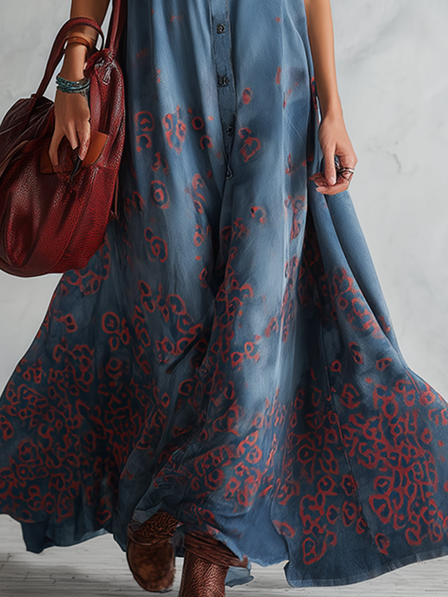 Vintage Western Style Loose Blue Faux Suede Printed Sleeveless Maxi Dress