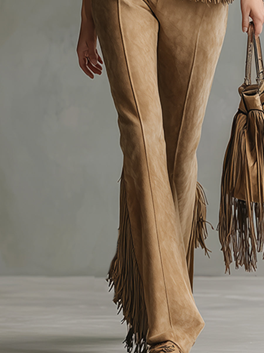 Retro Classic Western Style Fringed Camel-colored Faux Suede Vest And Pants Set