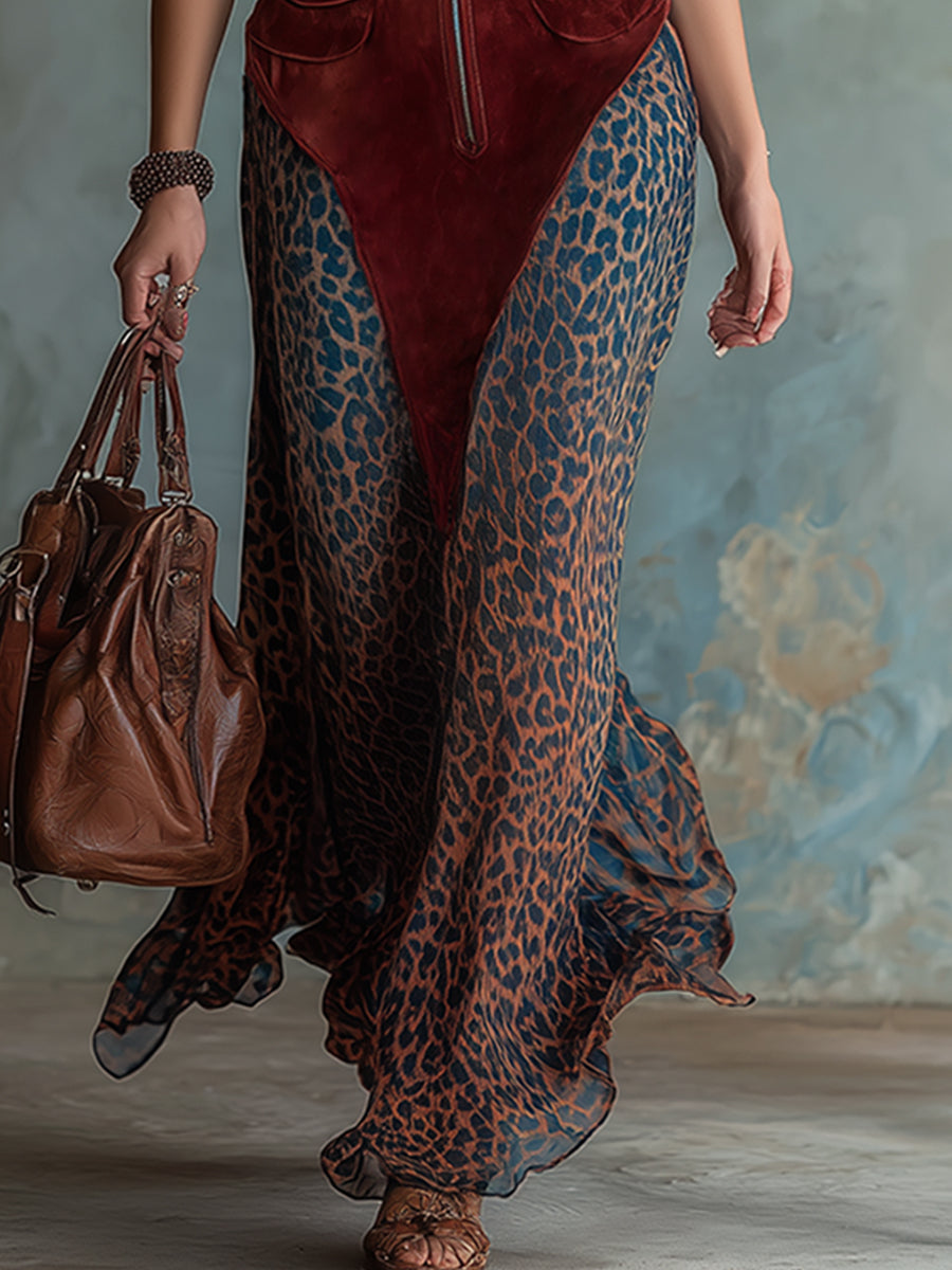 Retro Western Style Red Faux Suede Patchwork Chiffon Printed Sleeveless Maxi Dress
