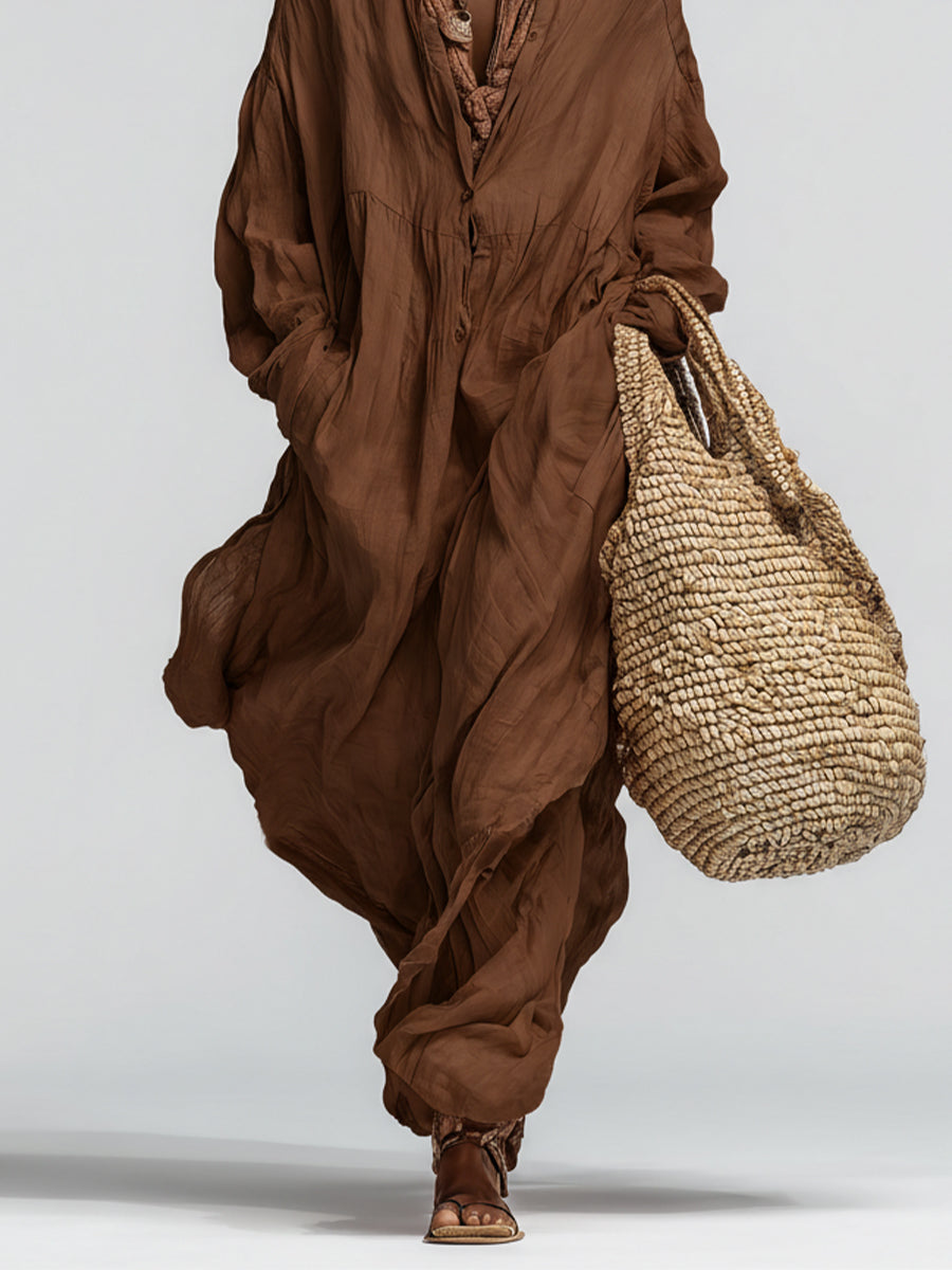 Women's Chocolate Linen Dress With Relaxed Silhouette & Long Sleeves, Timeless Boho-Casual Style Dress (Inner lining not included) MDZ1618A8I