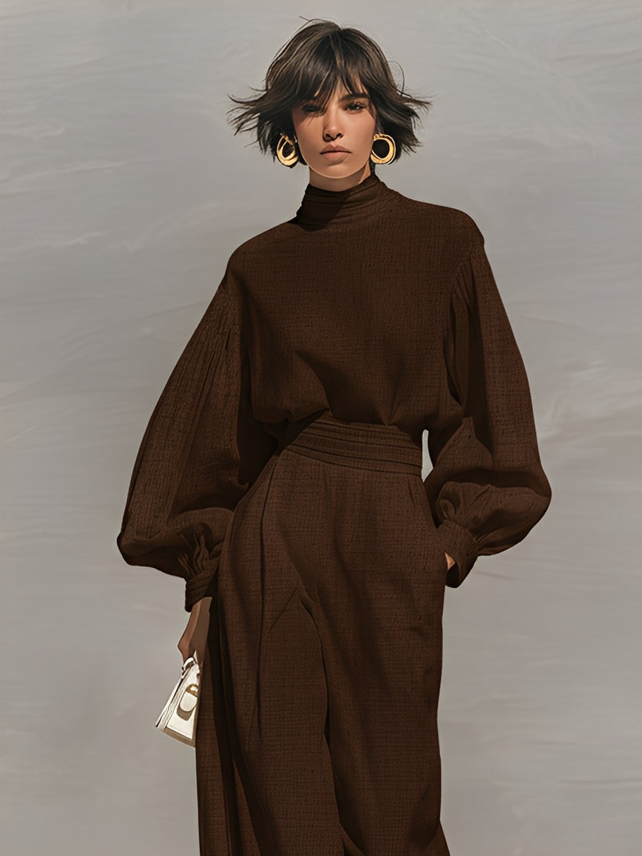 Women's Chocolate Woven Set With Puff Sleeve Turtleneck & Wide-Leg Pants, Timeless Luxe-Chic Style Set MDZ1509A3I