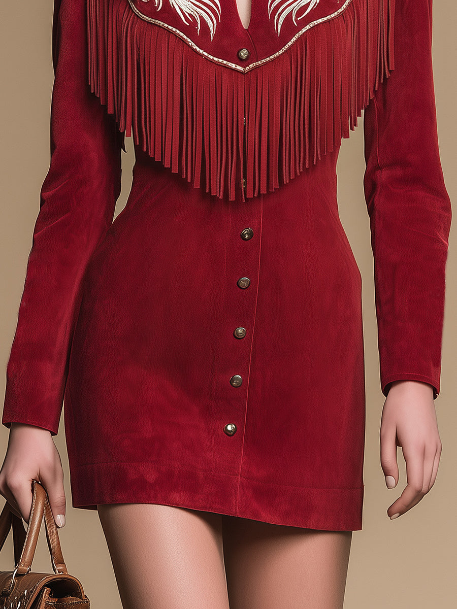Western-style Retro Embroidered Fringed Lapel Faux Suede Mini Dress