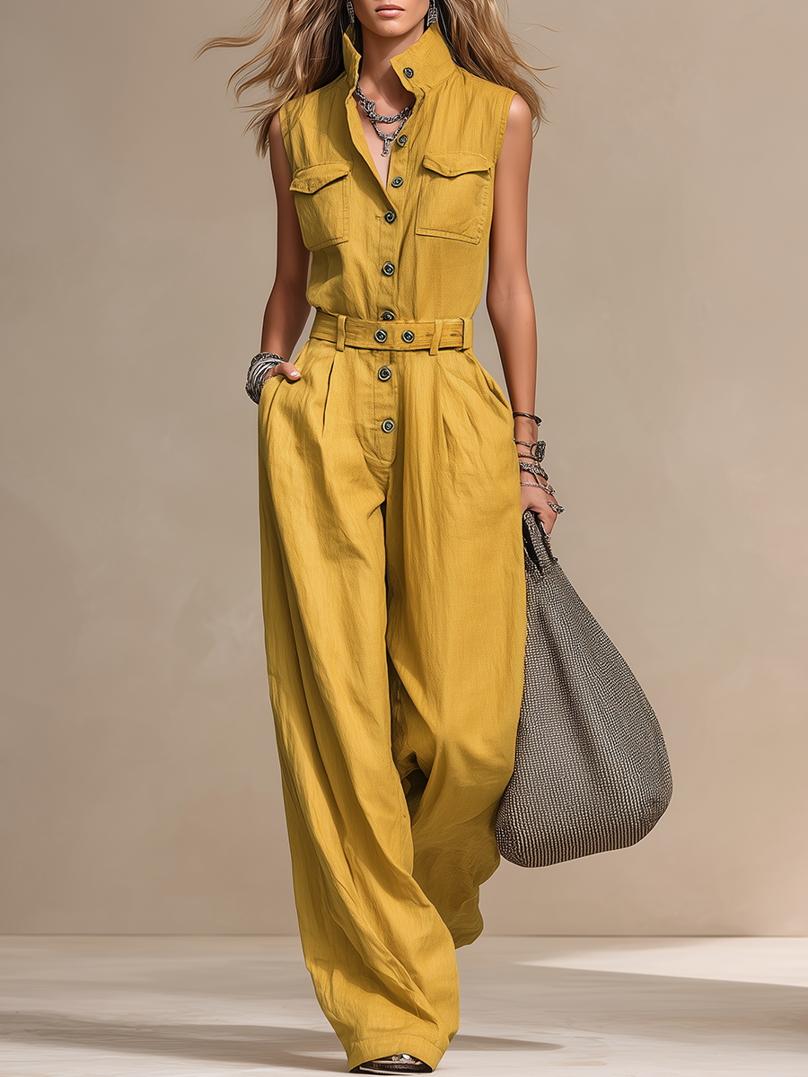 Retro Stand-collar Button-front Sleeveless Cotton And Linen Jumpsuit