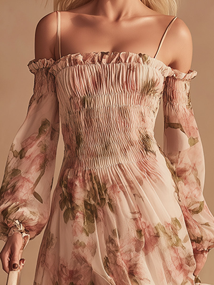 Stylish And Elegant Off-the-shoulder Floral Print Pink Chiffon Maxi Dress