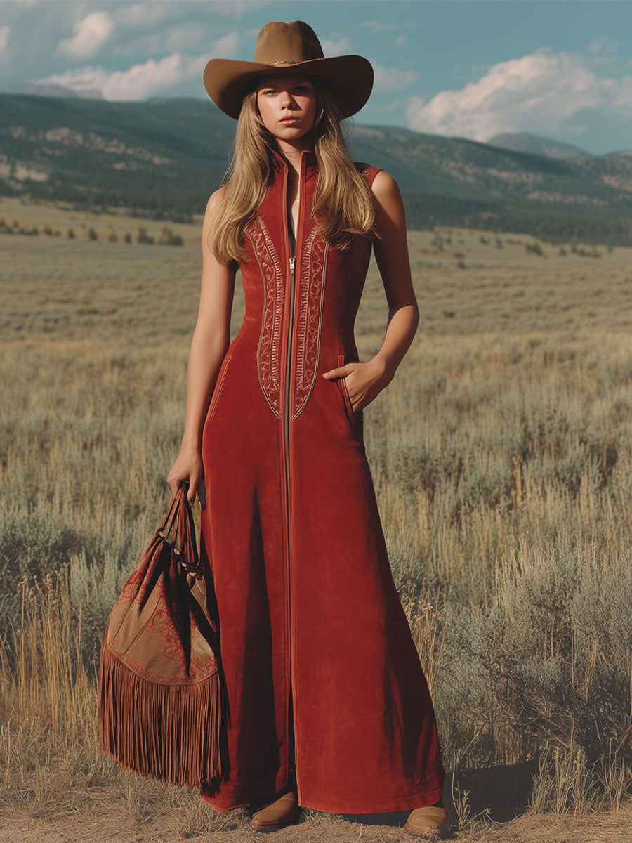 Western-style Stand-collar Long-zipper Embroidered Faux Suede Sleeveless Maxi Dress