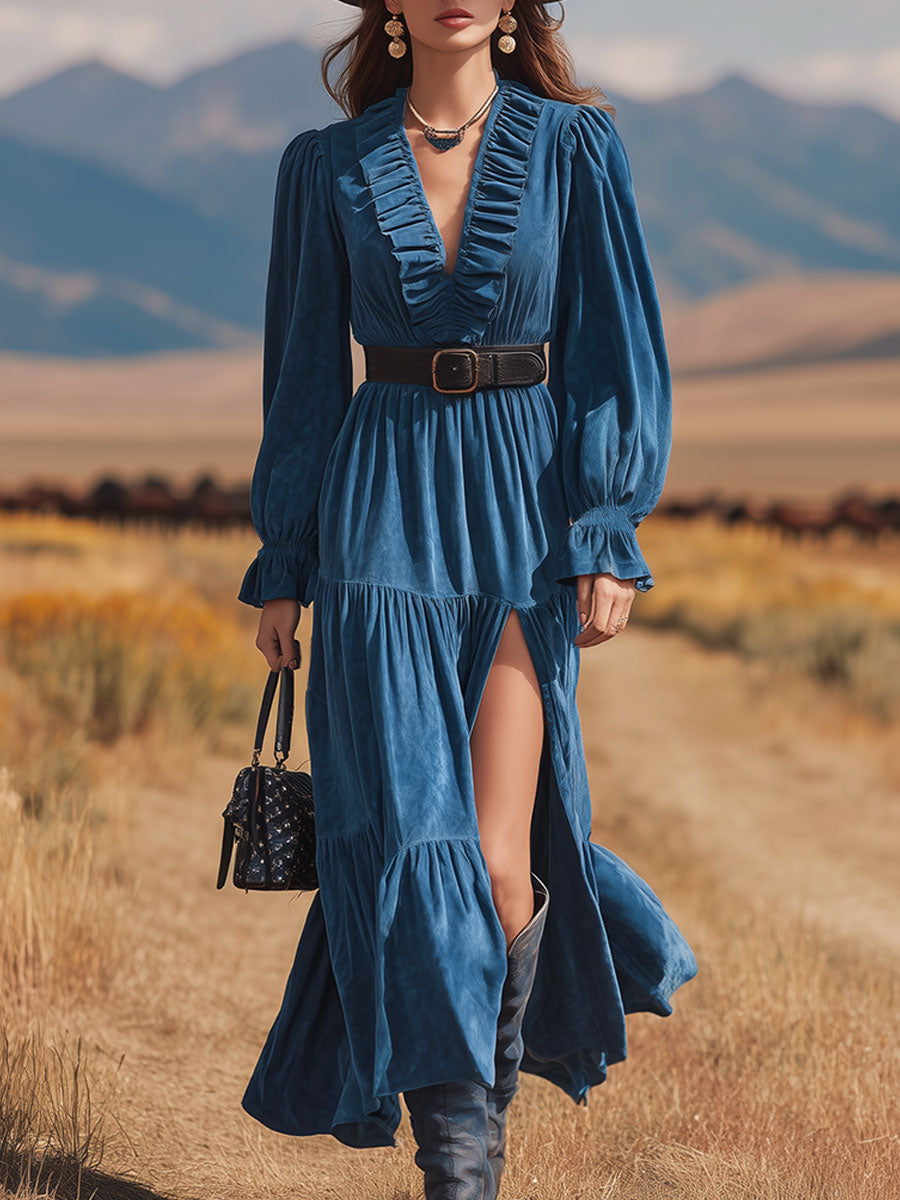 Western-style Vintage Blue Ruffled V-neck Faux Suede Midi Dress