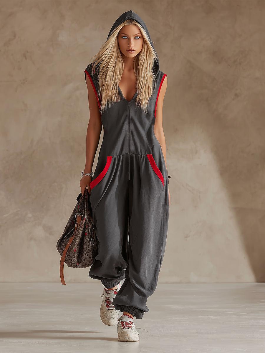 Sporty And Stylish Color-blocked Trim Dark Gray Hooded Sleeveless Jumpsuit