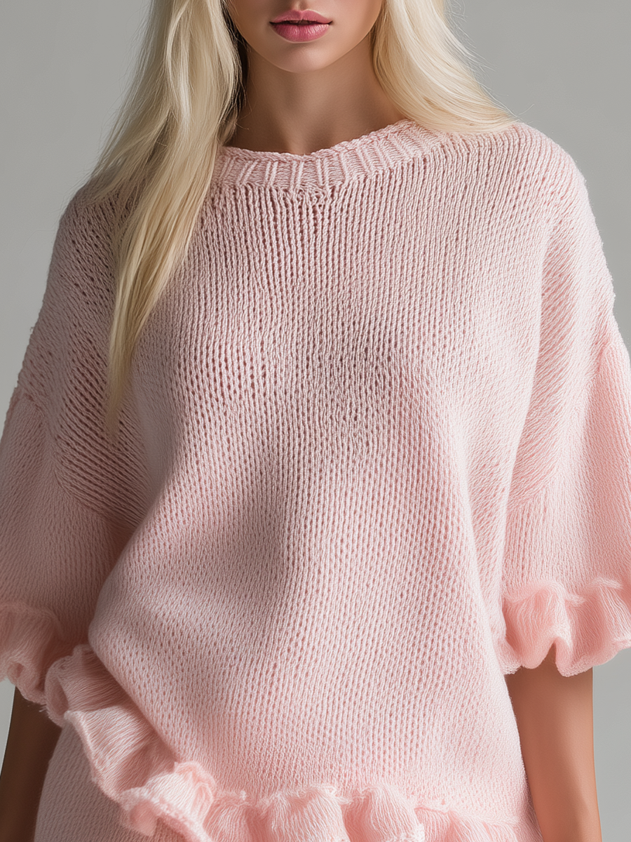 Comfortable Relaxed Round Neck Ruffled Short Sleeve Knitted T-shirt And Mini Skirt Set