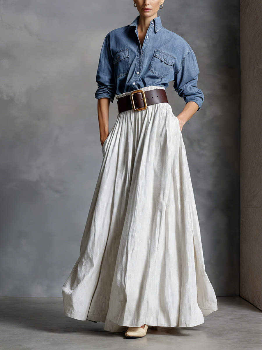 Women's Elegant Tencel Denim Shirt And Cotton Blend Long Skirt Two-piece Set(Belt not included) MDZ0455A1BA